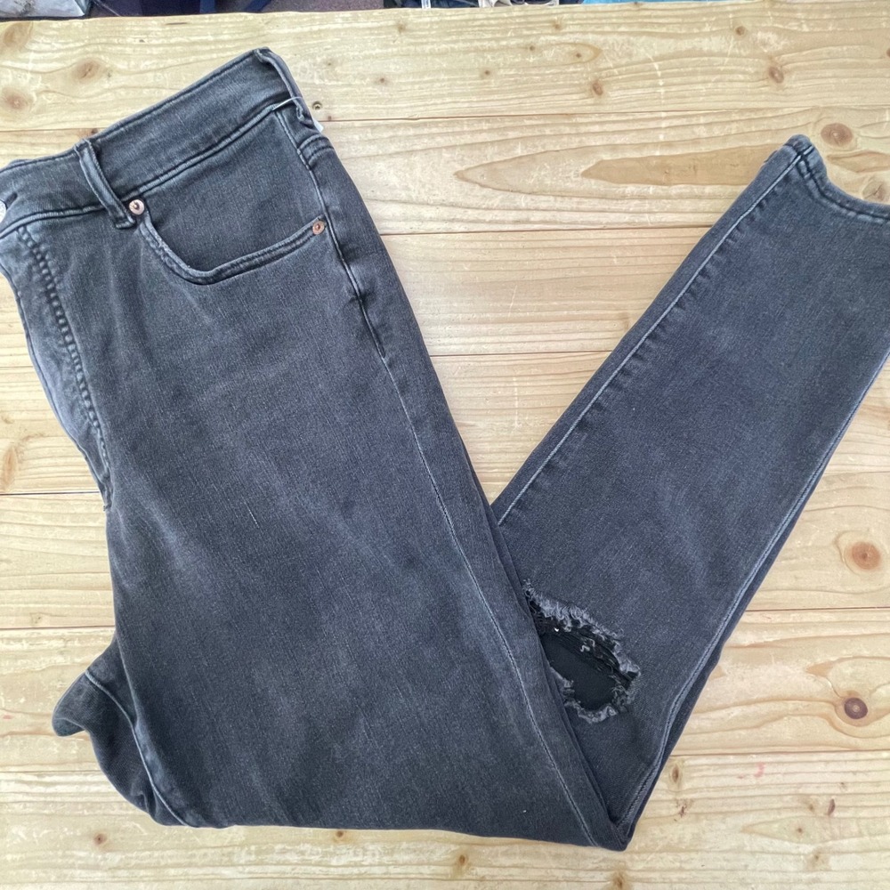 Express Skinny High Rise 4-Way Hyper Stretch Distressed Black Jeans Womens 14R